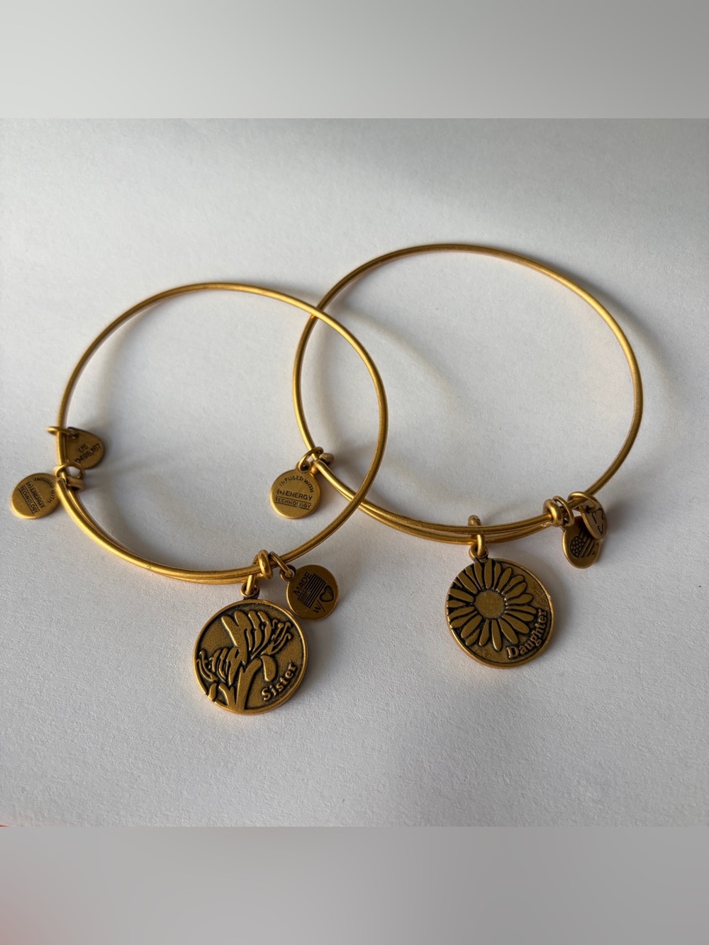 Alex & Ani Gold Tone Sister & Daughter Charm Bangle Bracelet Set